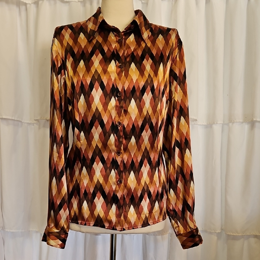 Vintage-Style Haggar Multicolor Diamond Pattern Button-Down Shirt